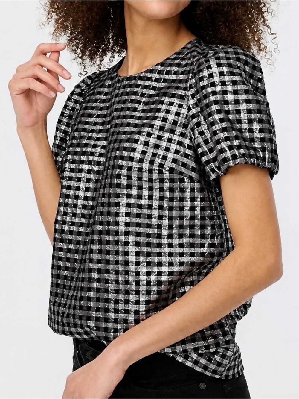 J.Crew Metallic Gingham Puff Sleeve Blouse Silver & Black Size S